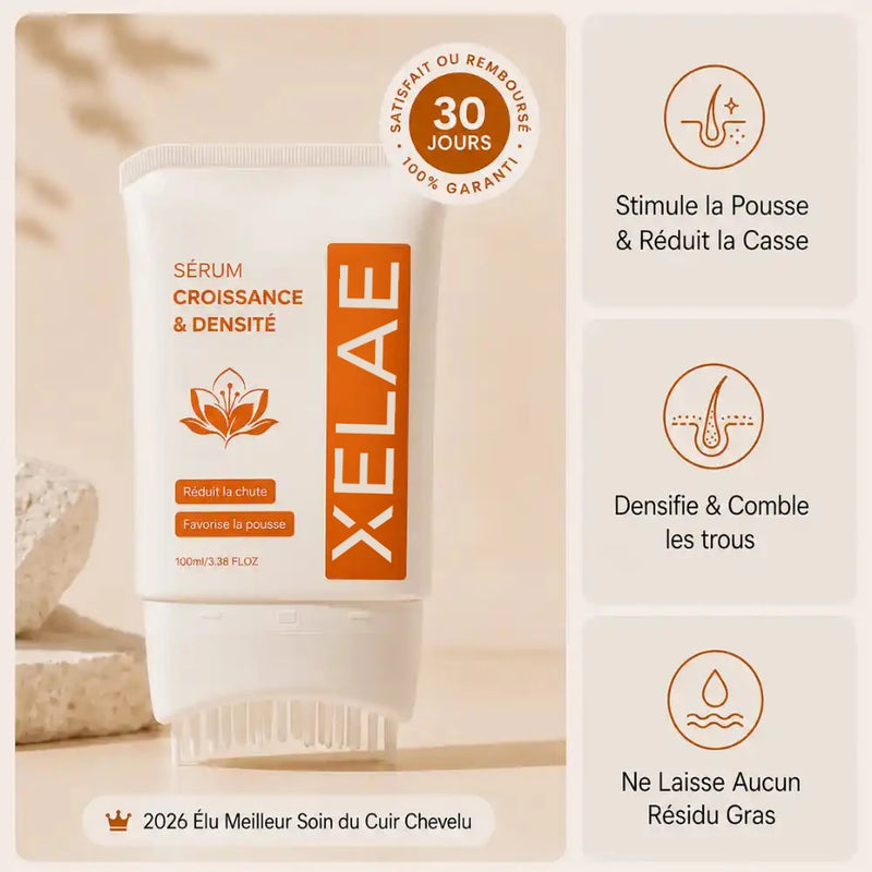 Sérum Crecimiento & Densidad XELAE, tubo con cepillo aplicador y beneficios