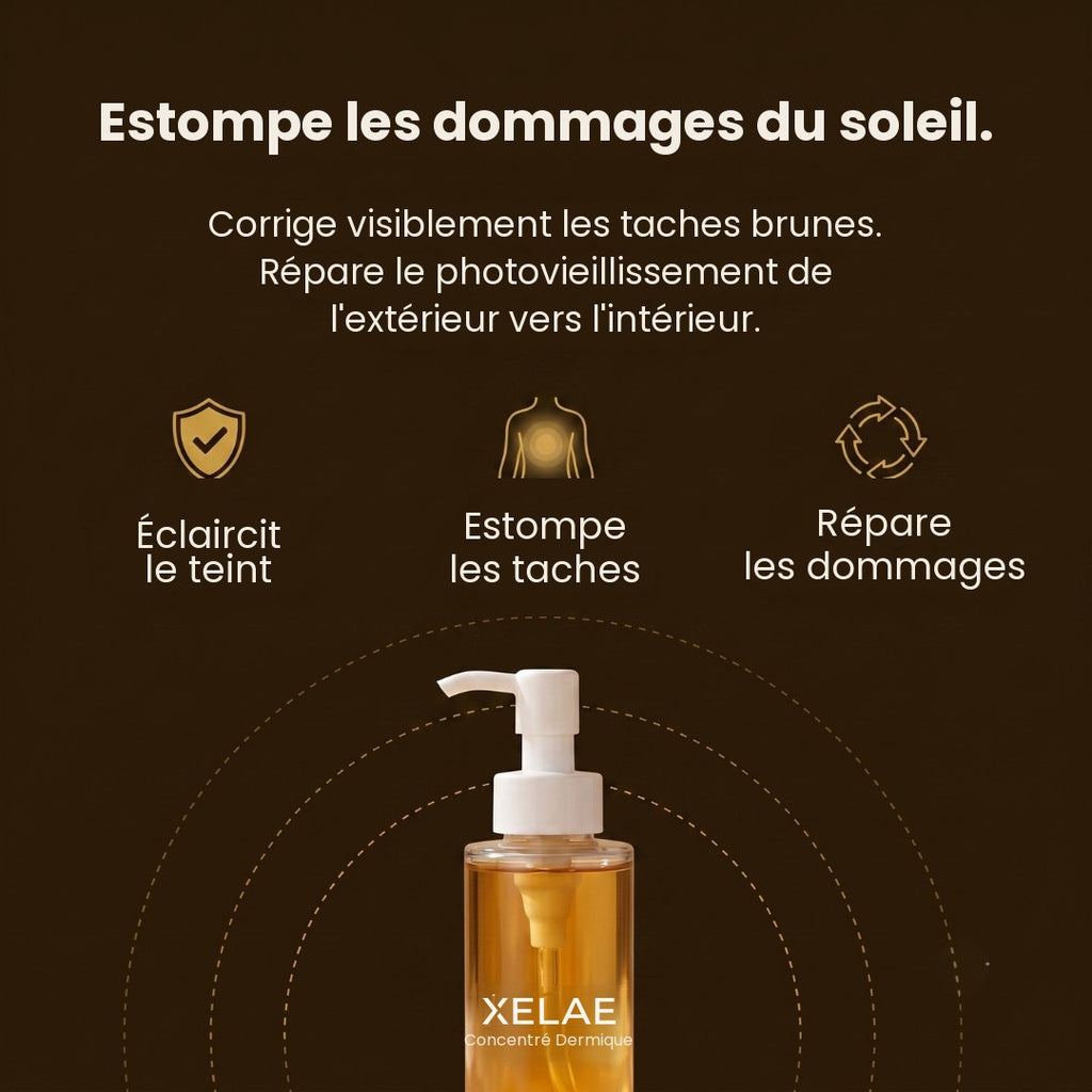 Estompe les dommages du soleil, eclaircit le teint