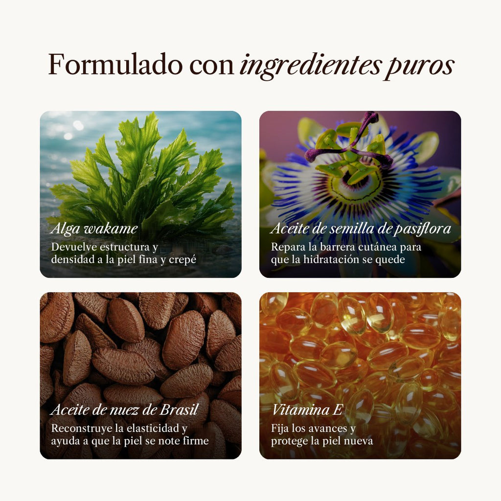 Formulado con ingredientes puros: alga wakame, pasiflora, nuez de Brasil y vitamina E