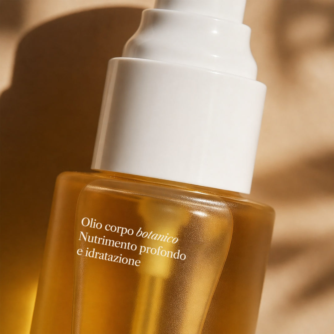 Dettaglio del flacone di olio botanico XELAE