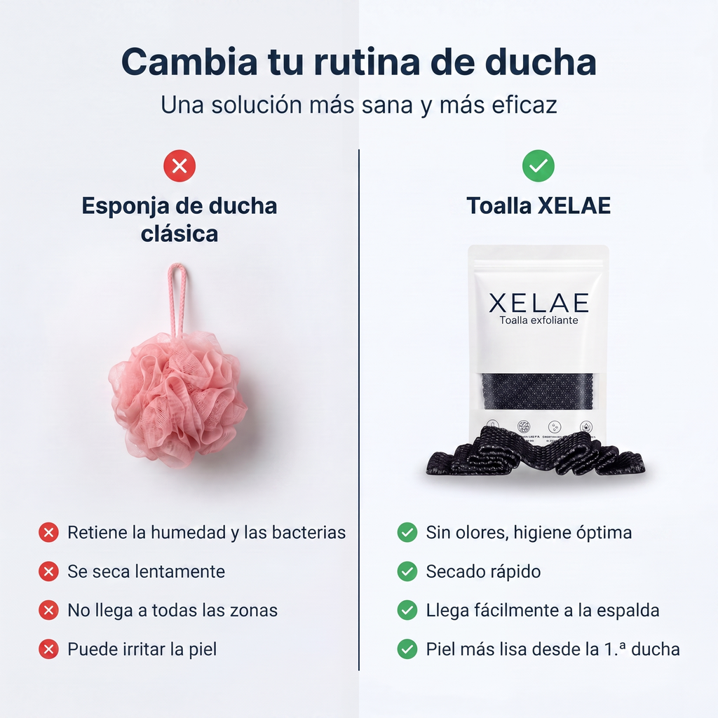 Cambia tu rutina de ducha, esponja clásica frente a toalla XELAE