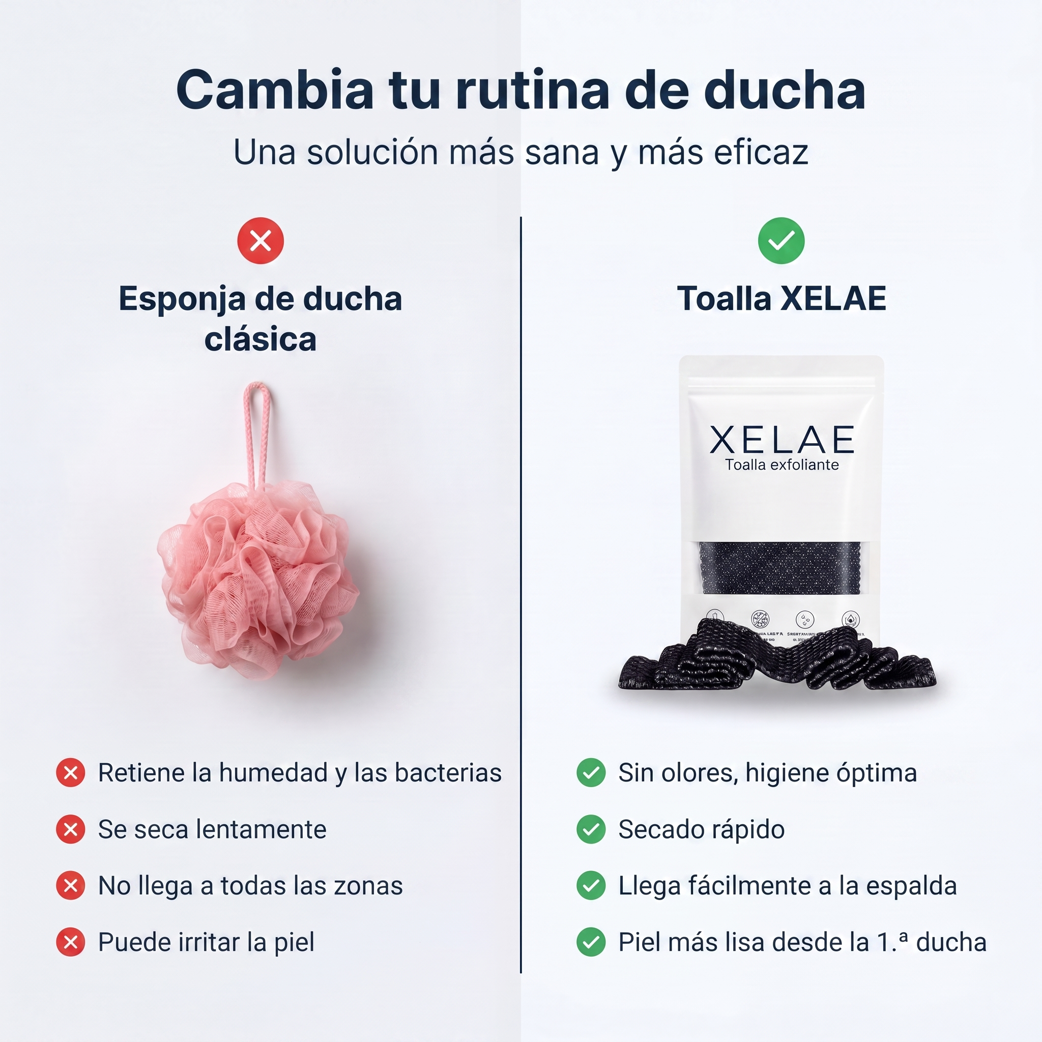Cambia tu rutina de ducha, esponja clásica frente a toalla XELAE
