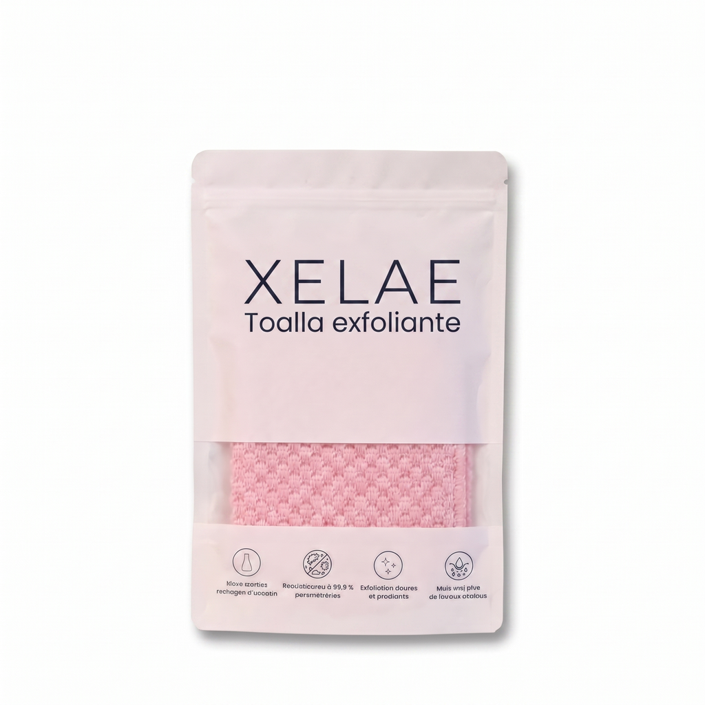 Bolsa Toalla Exfoliante XELAE, toalla rosa