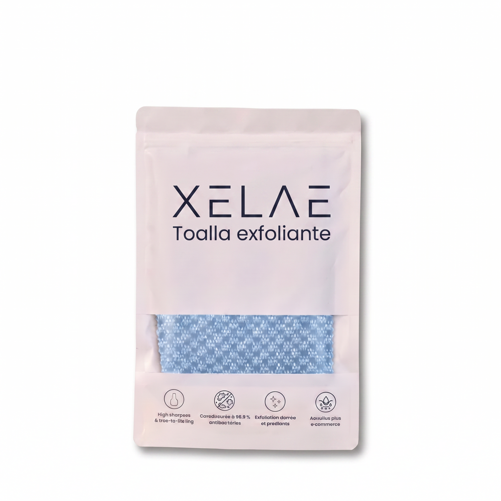 Bolsa Toalla Exfoliante XELAE, toalla azul
