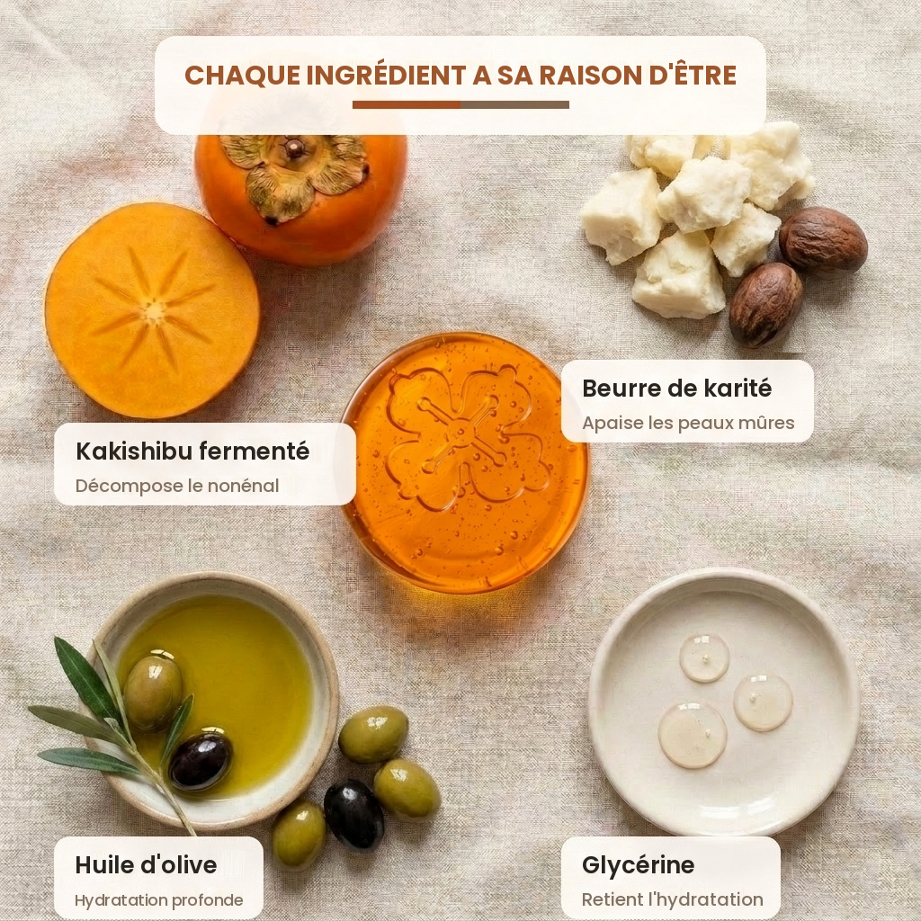 Chaque ingrédient a sa raison d'être, kakishibu, karité, olive, glycérine