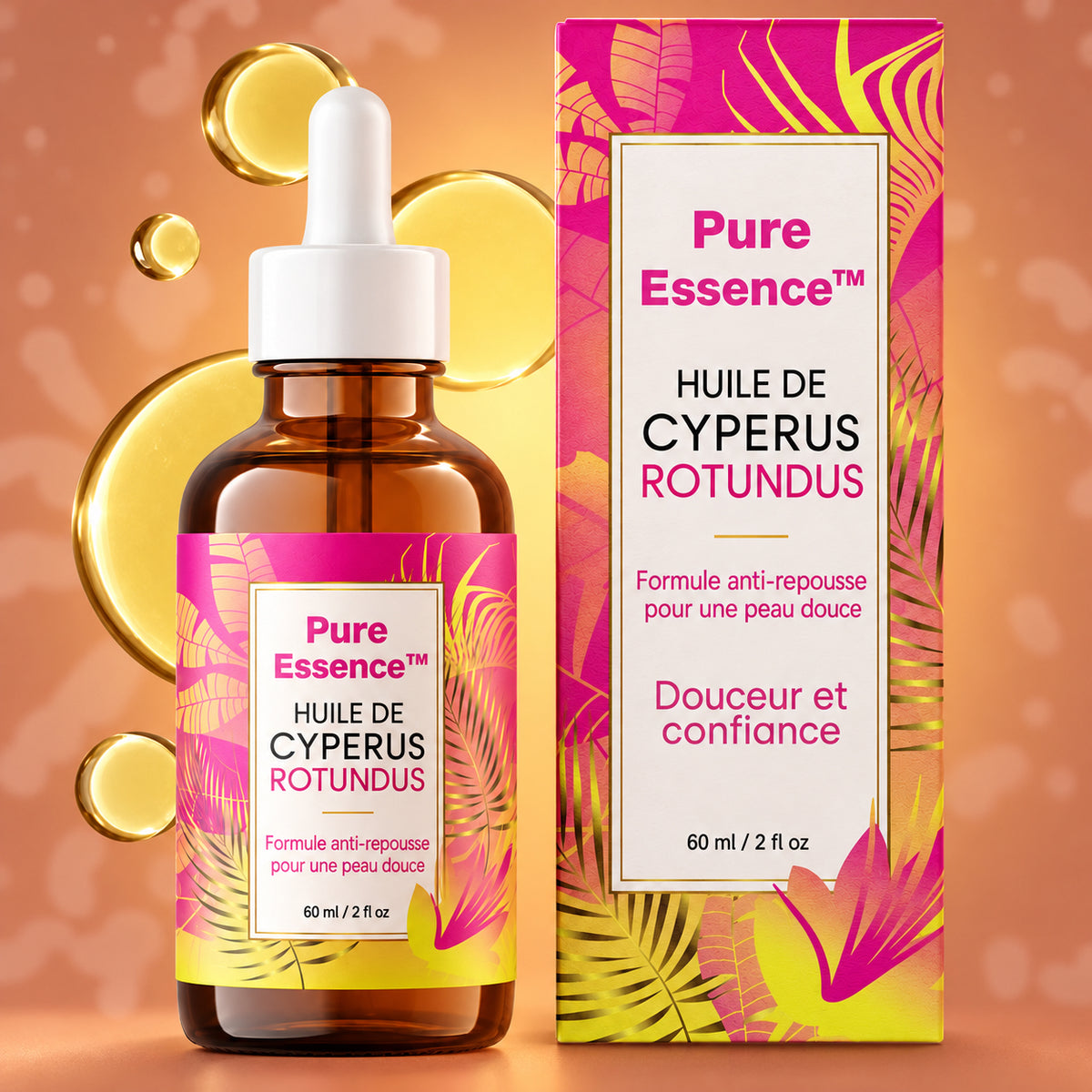 Flacon et étui Pure Essence sur fond orangé avec bulles d’huile dorées